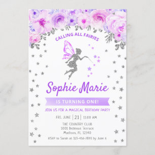 Fairy 1st Birthday - Silver Purple Invitation