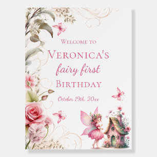 Fairy 1st Birthday Welcome Sign Pink Floral