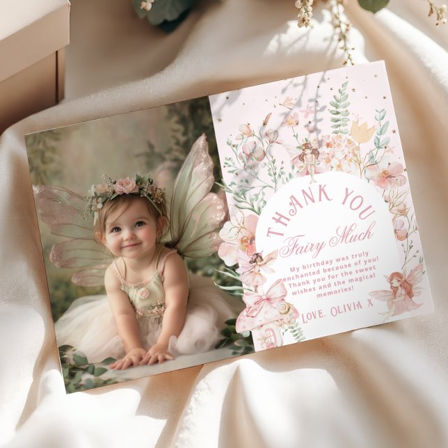 Fairy 1st Birthday Whimsical Photo Thank you Card (Creator Uploaded)