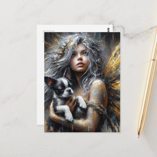 Fairy and a Boston Terrier Puppy Postcard (Front/Back In Situ)
