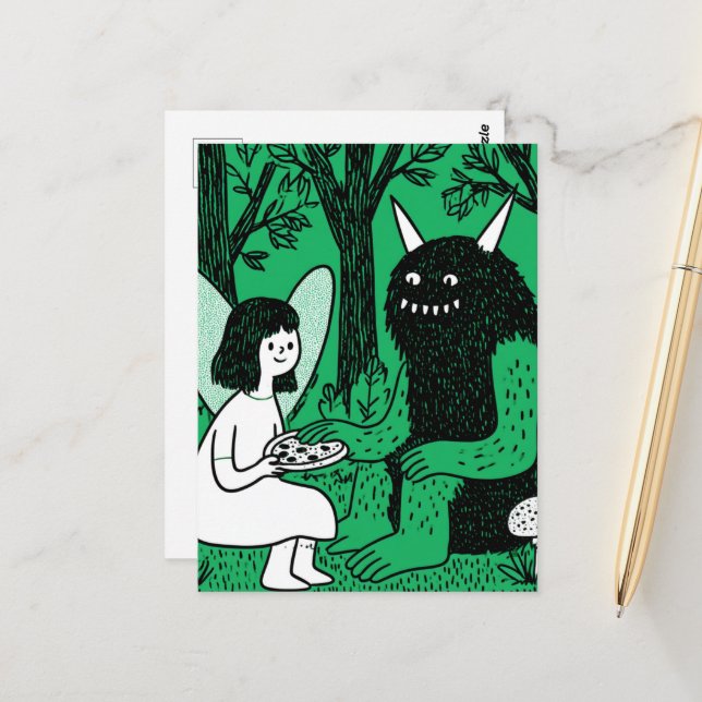 Fairy and a Cute Monster Pizza Party in the Woods Postcard (Front/Back In Situ)