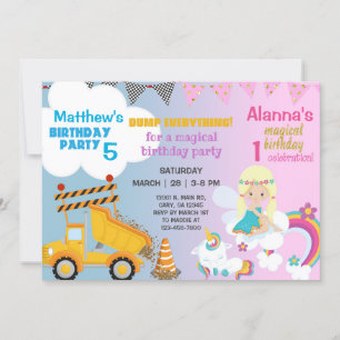 Fairy and construction truck siblings invitation. invitation
