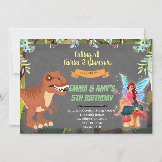 Fairy and dinosaur joint party Invitation (Front)