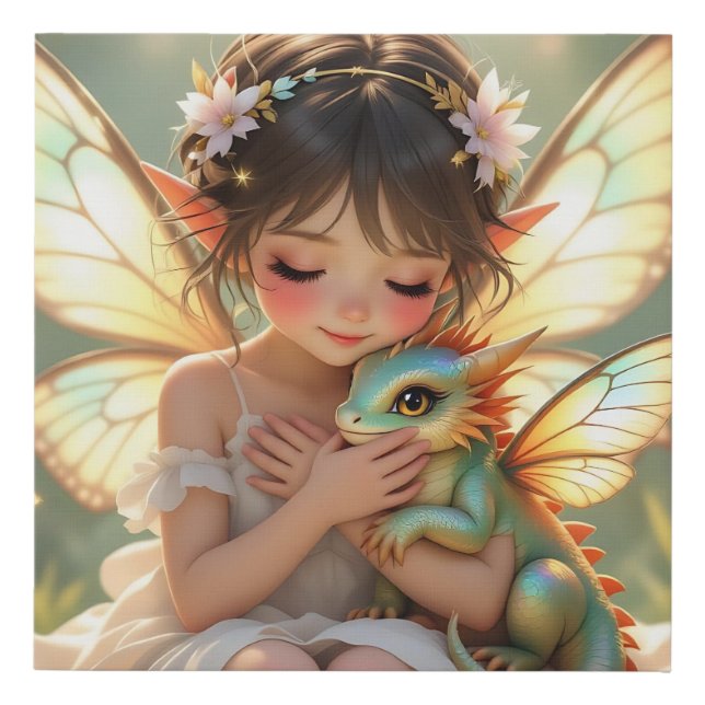 Fairy and Dragon | Chibi Anime Fairy Tale Faux Canvas Print (Front)