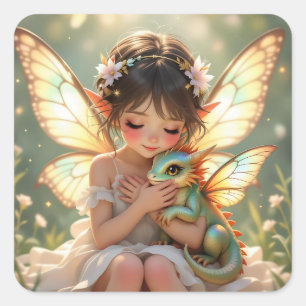 Fairy and Dragon Chibi Anime Fairy Tale Square Sticker