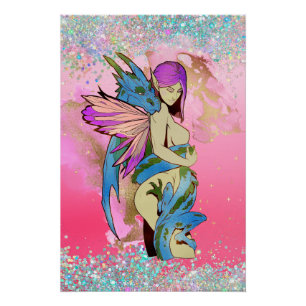 Fairy and Dragon On Pink Dd Brand Skateboard Poster