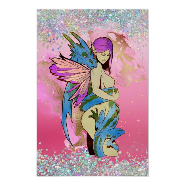 Fairy and Dragon On Pink Dd Brand Skateboard Poster (Front)
