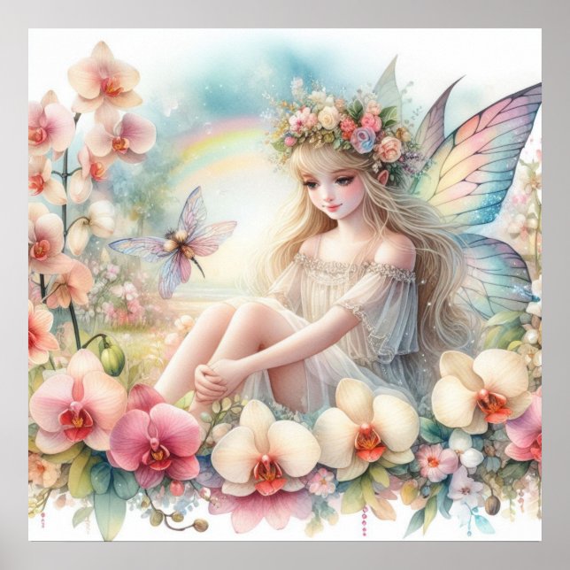 Fairy and flowers in pastel colors watercolor  poster (Front)