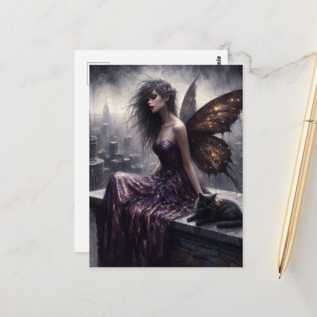 Fairy and her black cat overlook the city postcard (Front/Back In Situ)