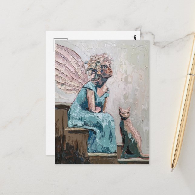 Fairy and Her Cat Sitting on the Steps Postcard (Front/Back In Situ)