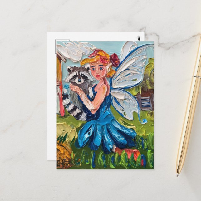 Fairy and Her Cute Pet Raccoon Postcard (Front/Back In Situ)