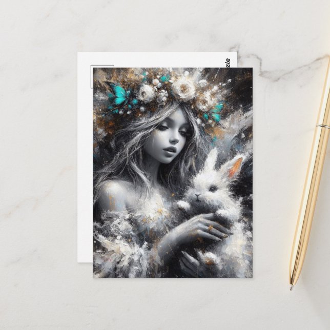 Fairy and Her Cute White Rabbit Postcard (Front/Back In Situ)