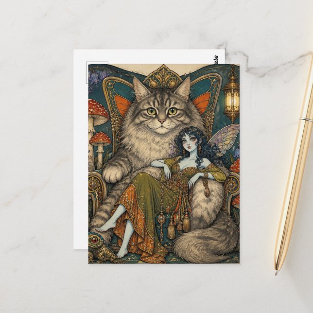 Fairy and her Pet Giant Cat Throne Postcard (Front/Back In Situ)