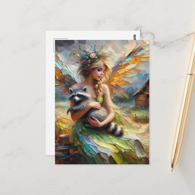 Fairy and her Pet Raccoon Postcard (Front/Back In Situ)