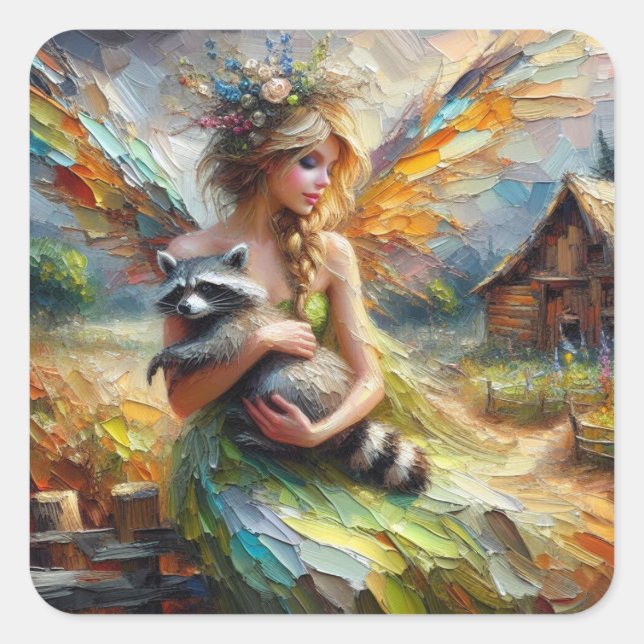 Fairy and her Pet Raccoon Square Sticker (Front)