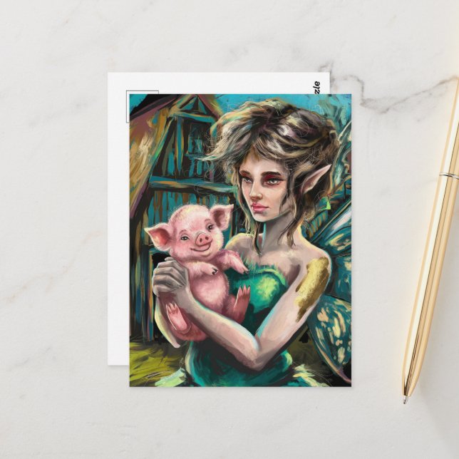 Fairy and her Piglet on the Farm Postcard (Front/Back In Situ)