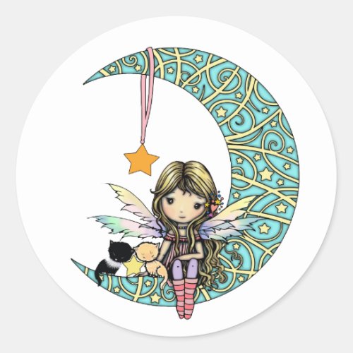 Fairy and Kittens on Fancy Moon Whimsical Fantasy Classic Round Sticker