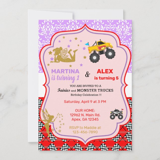  Fairy and monster trucks siblings birthday. Invit Invitation (Front)