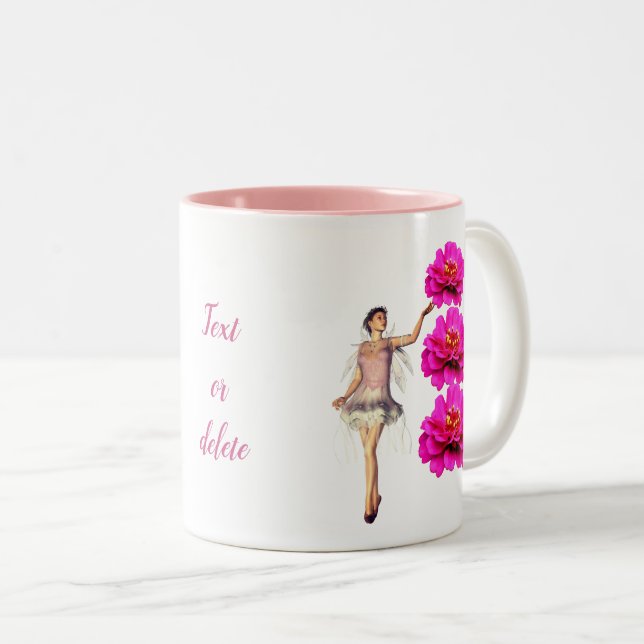 Fairy And Pink Zinnia Flower Personalized Two-Tone Coffee Mug (Front Right)