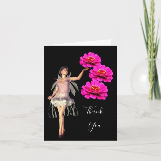 Fairy And Pink Zinnia Flower Thank You Card (Front)
