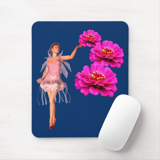 Fairy And Pink Zinnia Flowers Fantasy Mouse Pad (With Mouse)