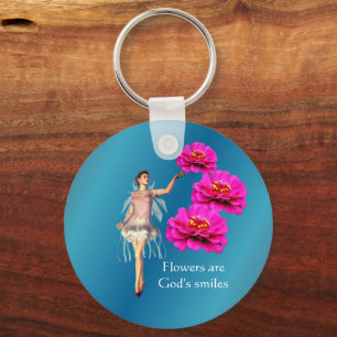 Fairy And Pink Zinnia Flowers Inspirational Keychain
