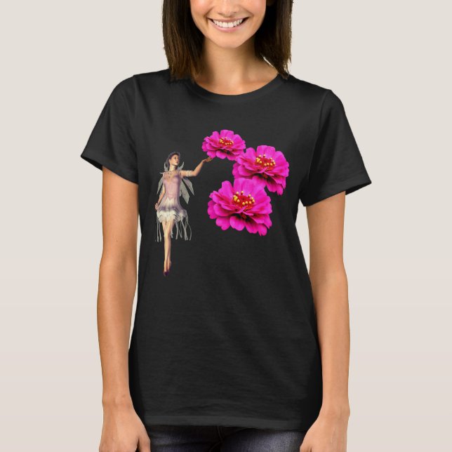 Fairy And Pink Zinnias Flower Dark  T-Shirt (Front)
