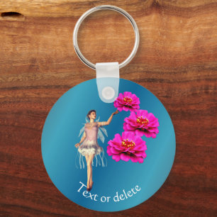 Fairy And Pink Zinnias Flowers Personalized Keychain