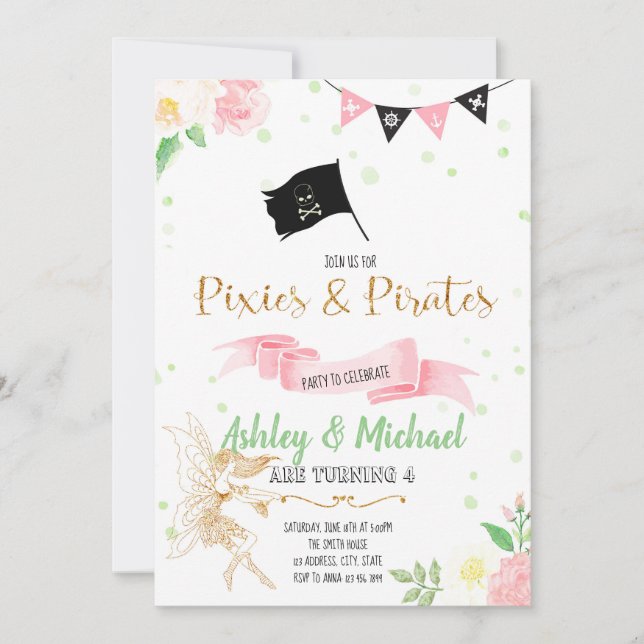Fairy and pirate party invitation (Front)