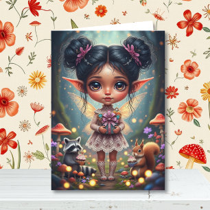 Fairy and Raccoon Girl's Cottagecore Birthday Card
