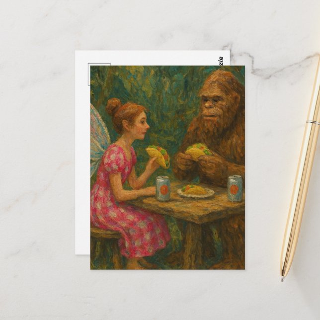 Fairy and Sasquatch Eat Tacos Postcard (Front/Back In Situ)