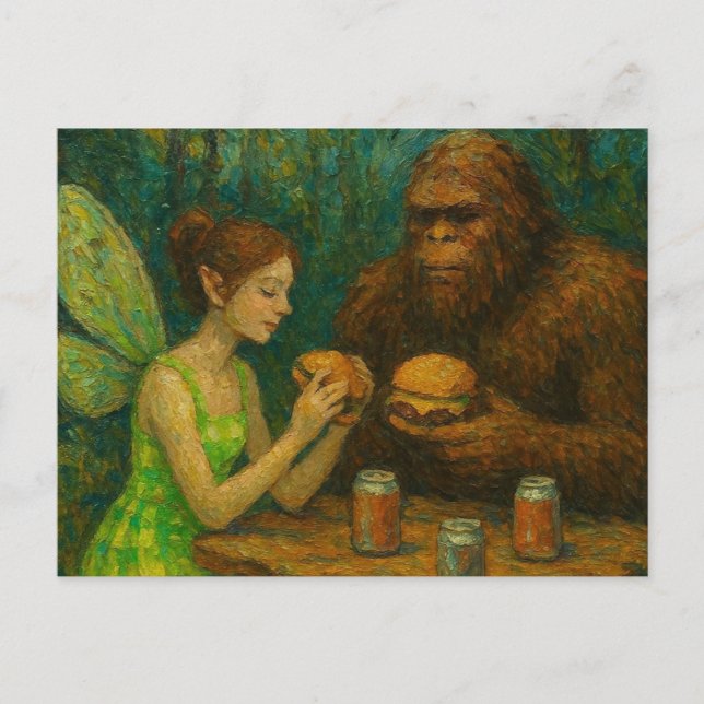 Fairy and Sasquatch Eating Cheeseburgers Postcard (Front)