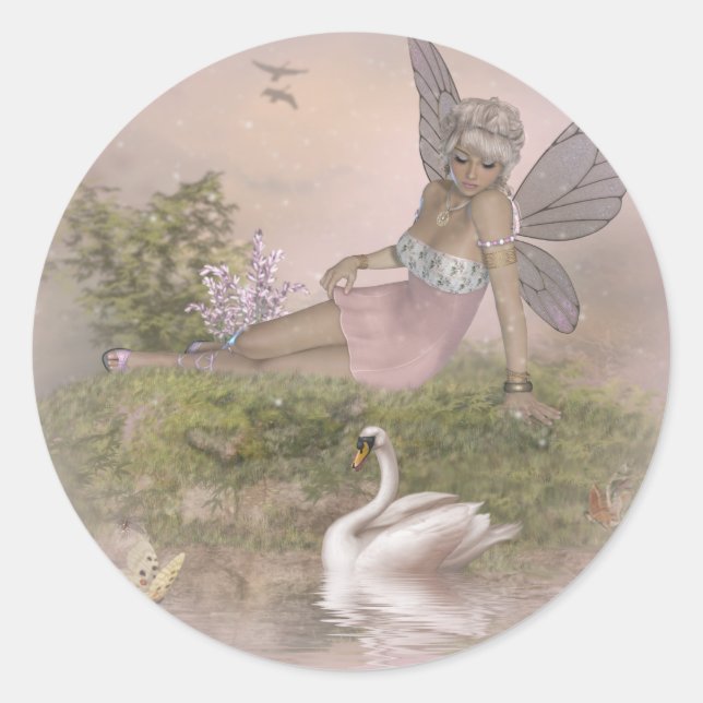 Fairy and Swan Classic Round Sticker (Front)
