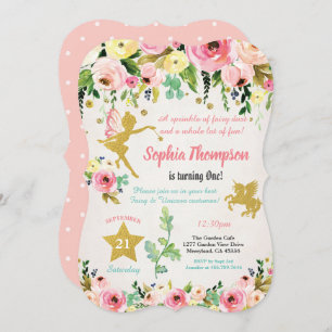 Fairy and Unicorn 1st first birthday invitation