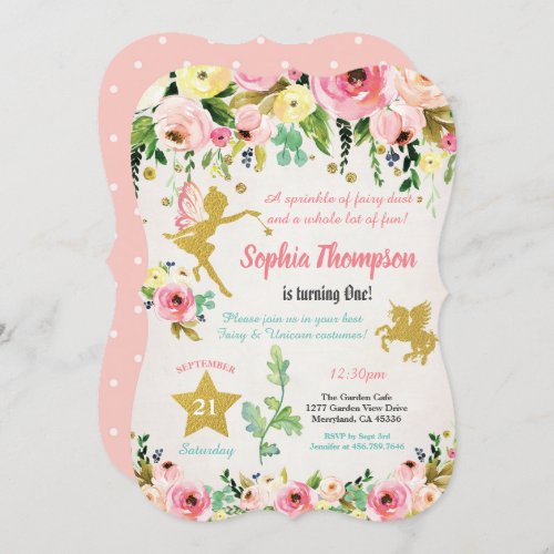 Fairy and Unicorn 1st first birthday pink and gold Invitation