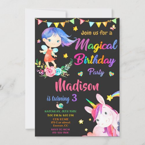 Fairy and Unicorn birthday invitation Magic party