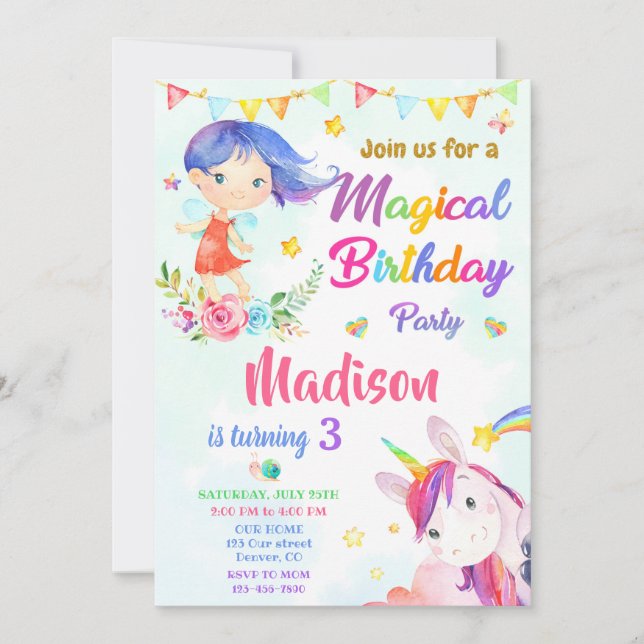 Fairy and Unicorn birthday invitation Magic party (Front)