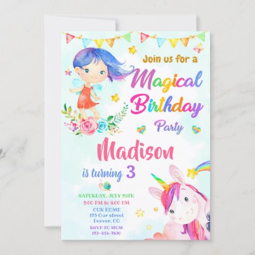 Fairy and Unicorn birthday invitation Magic party