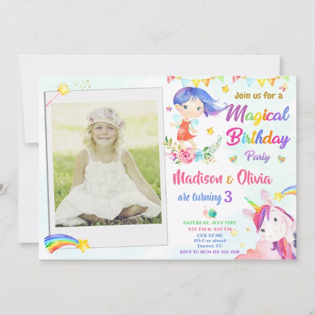 Fairy and Unicorn birthday invitation Twins photo (Front)