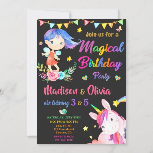 Fairy and Unicorn birthday invitation two girls