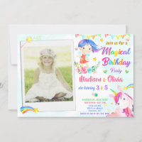 Fairy and Unicorn birthday invitation two girls