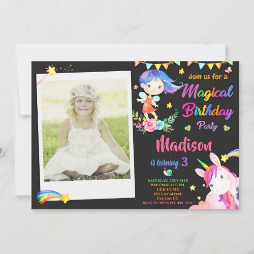Fairy and Unicorn birthday invitation with photo