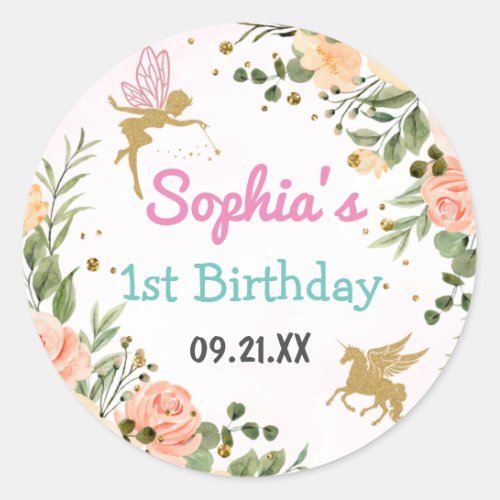 Fairy And Unicorn Floral Gold Glitter 1st Birthday Classic Round Sticker