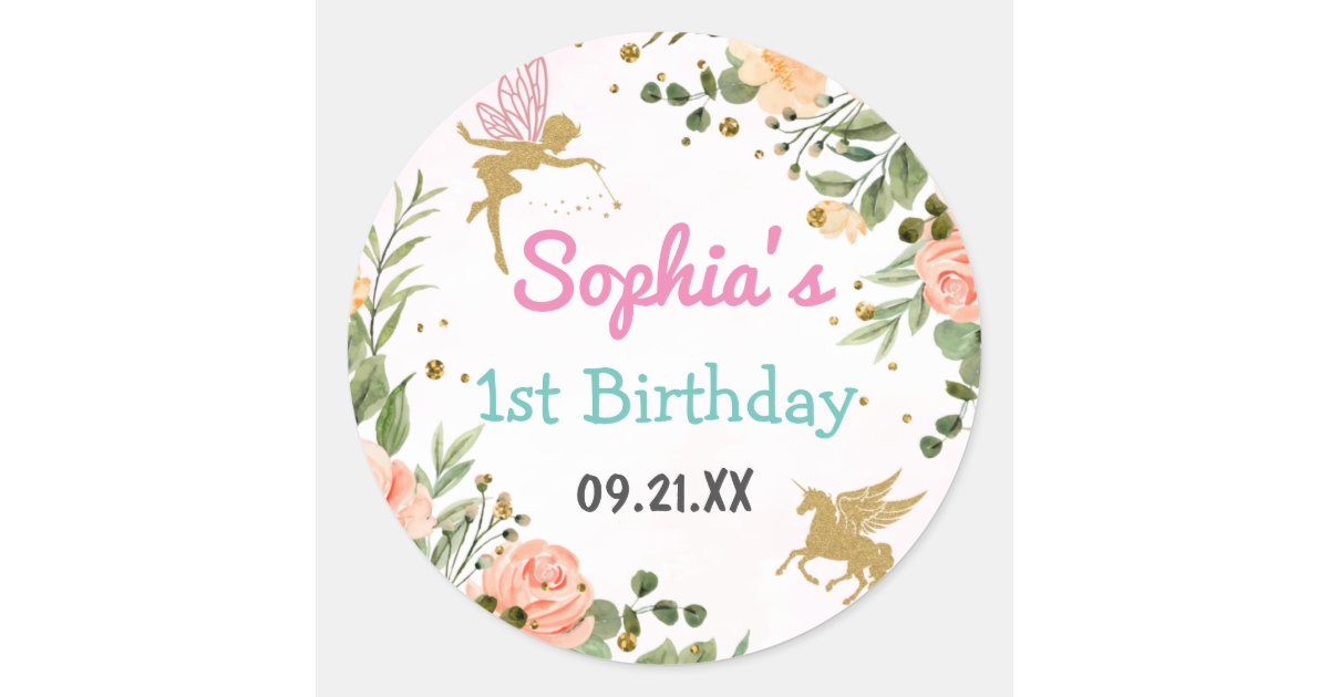 1st Sticker Fairy And Unicorn Floral Gold Glitter 1st Birthday Classic Round ...