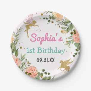 Fairy And Unicorn Floral Gold Glitter 1st Birthday Paper Plates