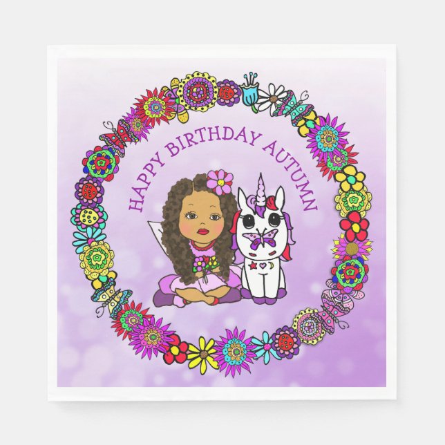 Fairy and Unicorn Personalized Birthday Napkins (Front)