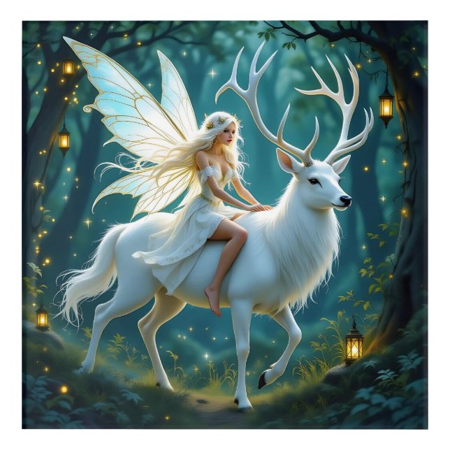 Fairy and White Deer Magical Forest Acrylic Print (Front)