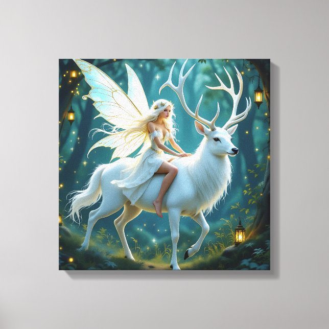Fairy and White Deer Magical Forest Canvas Print (Front)