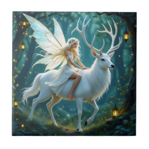 Fairy and White Deer Magical Forest Ceramic Tile