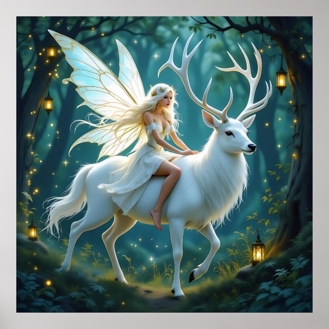 Fairy and White Deer Magical Forest Poster (Front)
